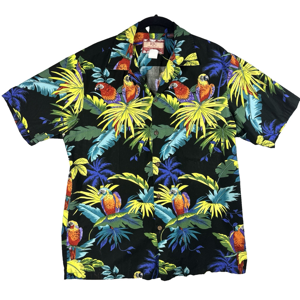 RJC Hawaiian Shirt Mens Medium Black Parrot Tropical Aloha Camp Button Front USA